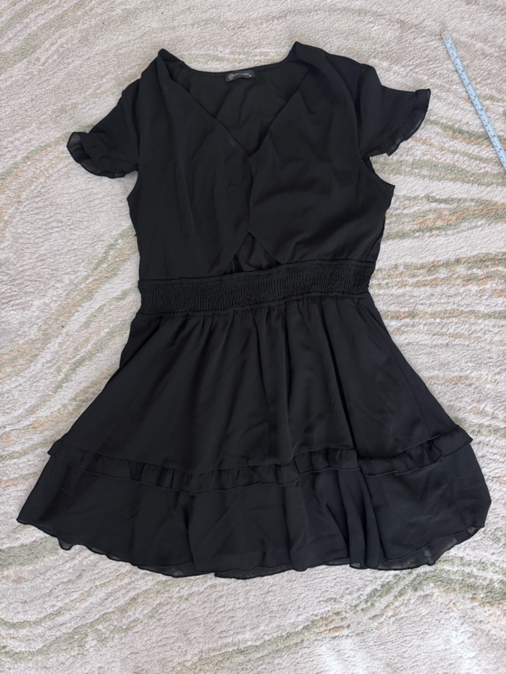 Black Short Sleeve Ruffled Waist Dress